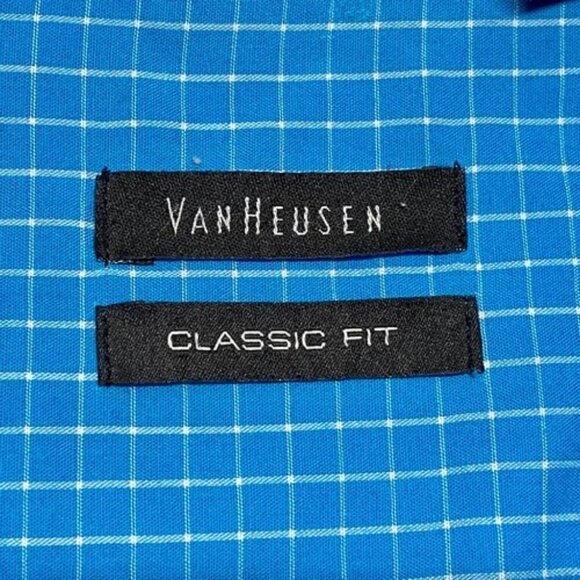 Van Heusen Shirt Men's Large Short Sleeve Classic Fit Button Down Blue Grid EUC - Picture 6 of 8